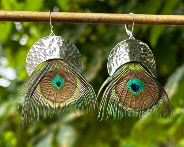 Boucles d'oreilles plume de paon en argent