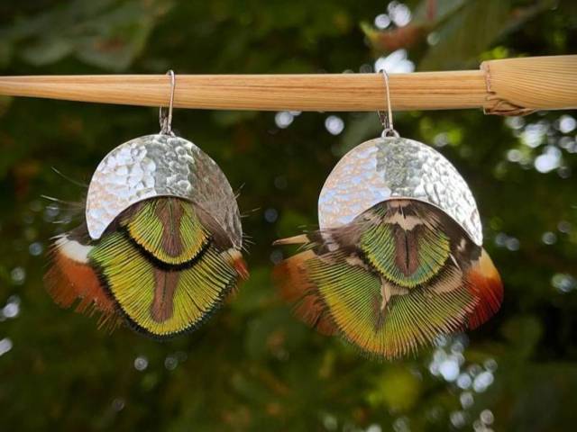 Boucles d'oreilles plume de faisan et paon